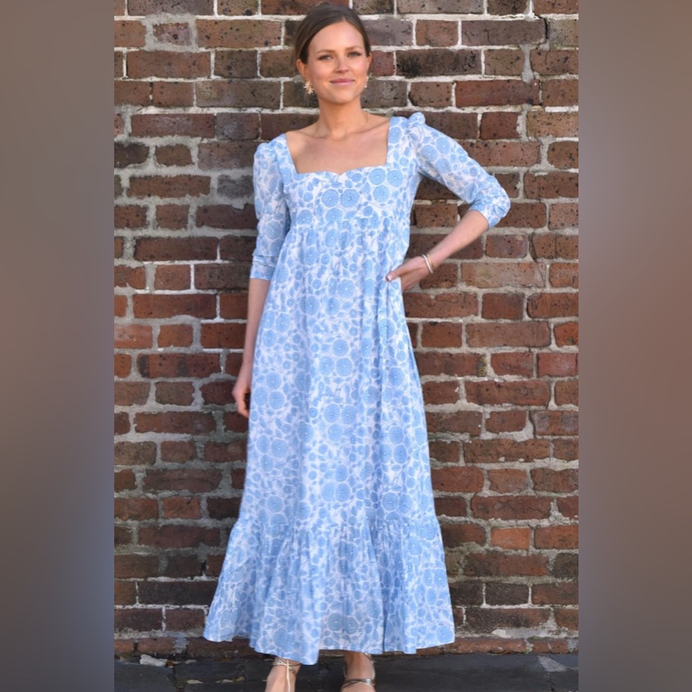 NWT Madison Mathews‎ Blue White Block Printed Maxi Dress